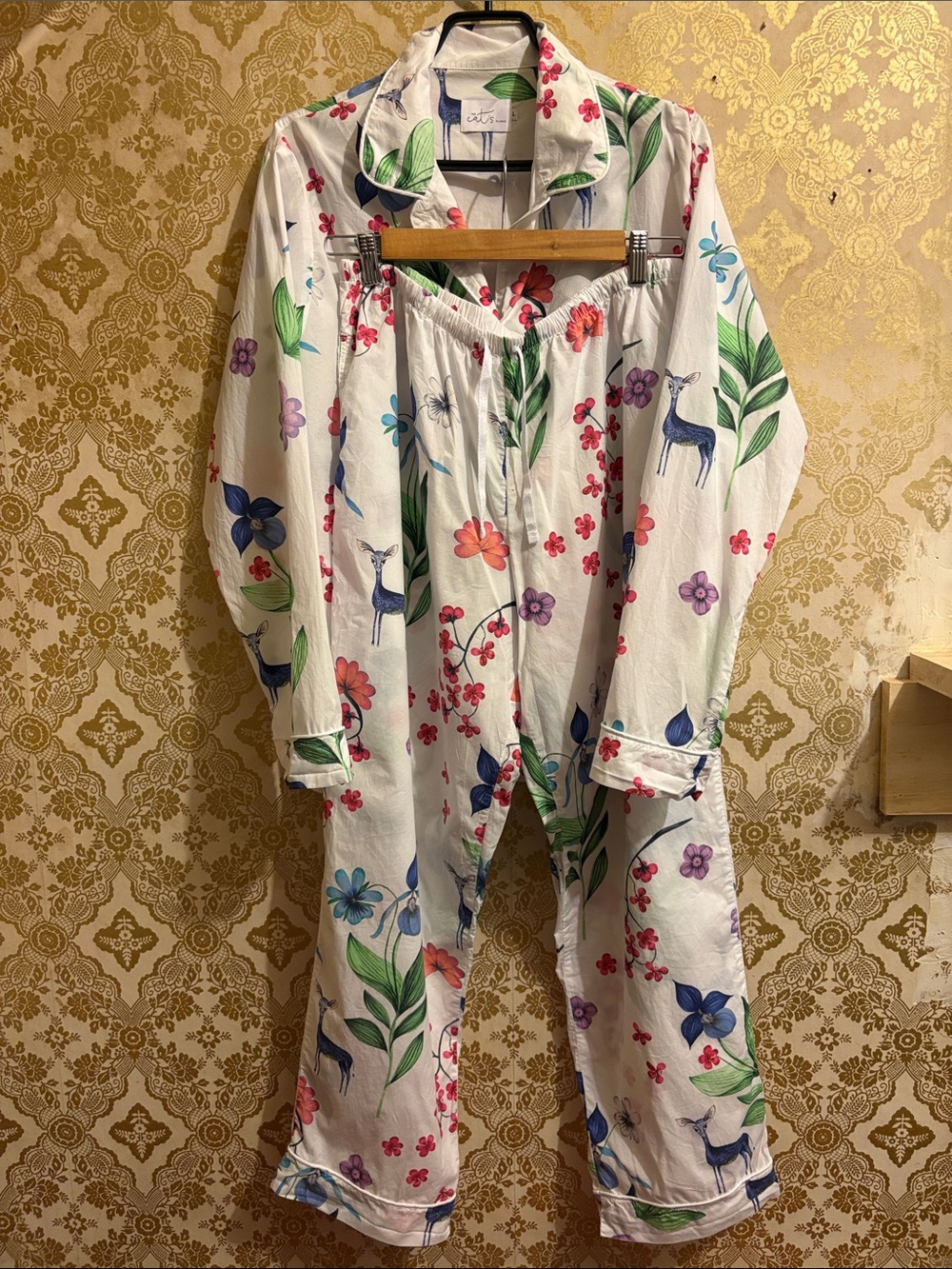 The Cats Pajamas White Floral & Deer Print Pajama Set